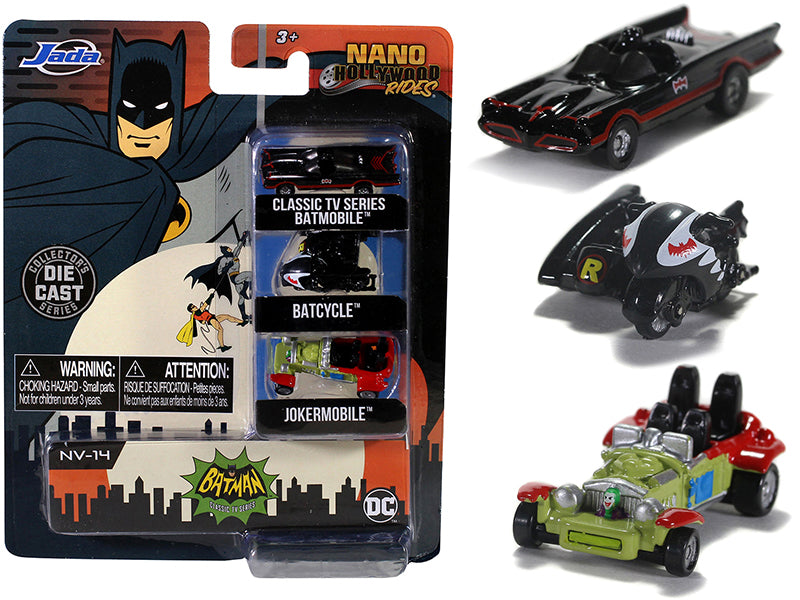 "Batman" (1966-1968) Classic TV Series 3 piece Set "Nano Hollywood Rides" Diecast Models by Jada free shipping USA