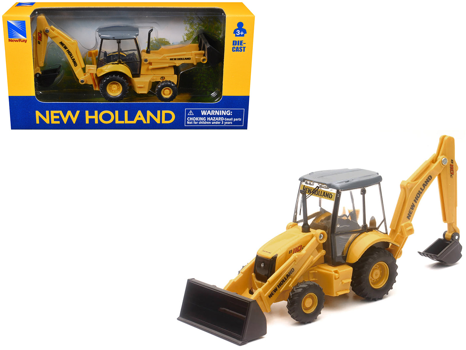New Holland B110C Backhoe Loader Yellow Diecast Model by New Ray free shipping USA