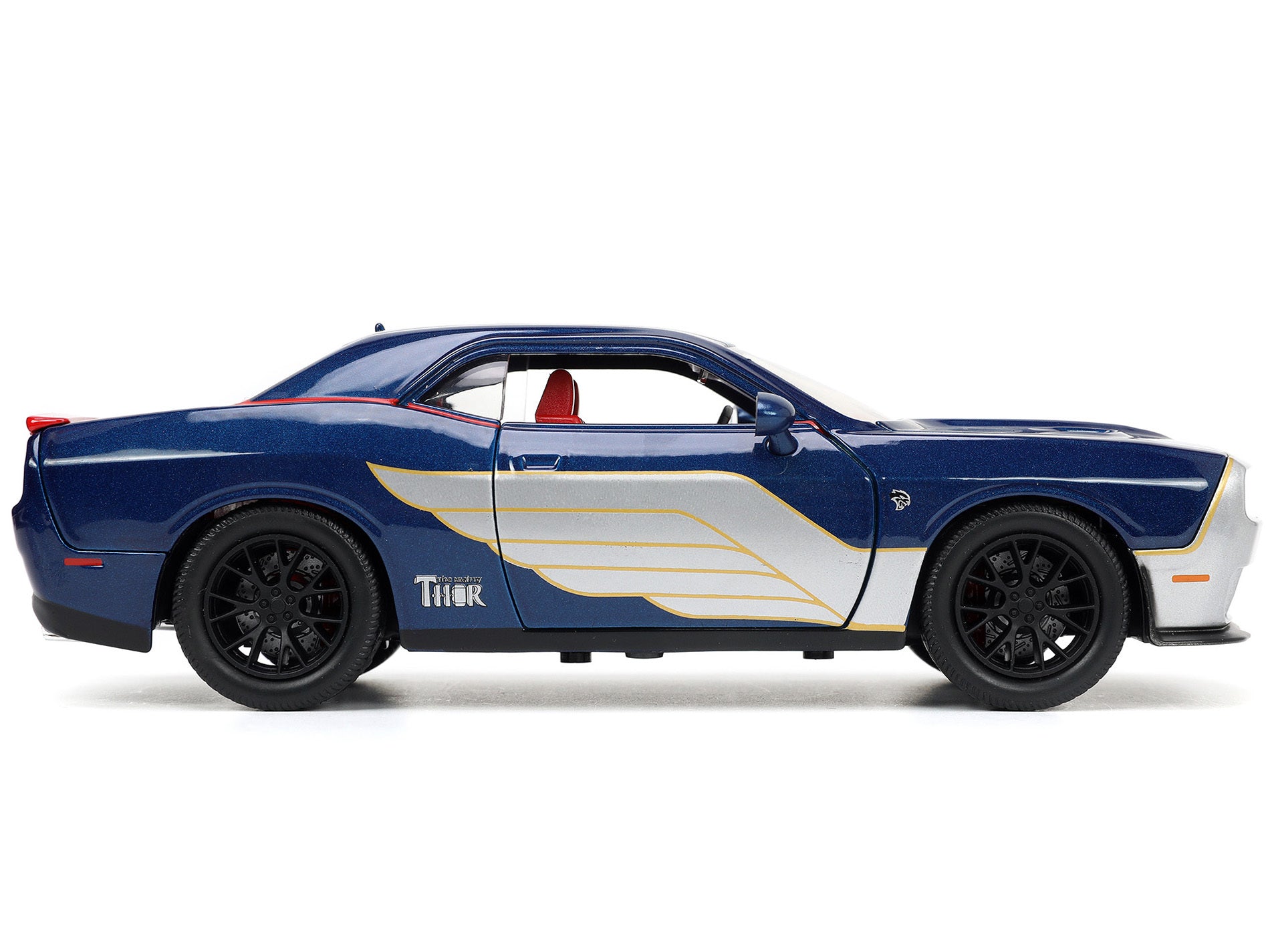 2015 Dodge Challenger SRT Hellcat Dark Blue with Graphics and Red Interior and Thor Diecast Figure "The Mighty Thor" "Marvel" Series 1/24 Diecast Model Car by Jada - Premium Movie/TV Series Models from Jada - Just $53.99! Shop now at Rapidvehicles