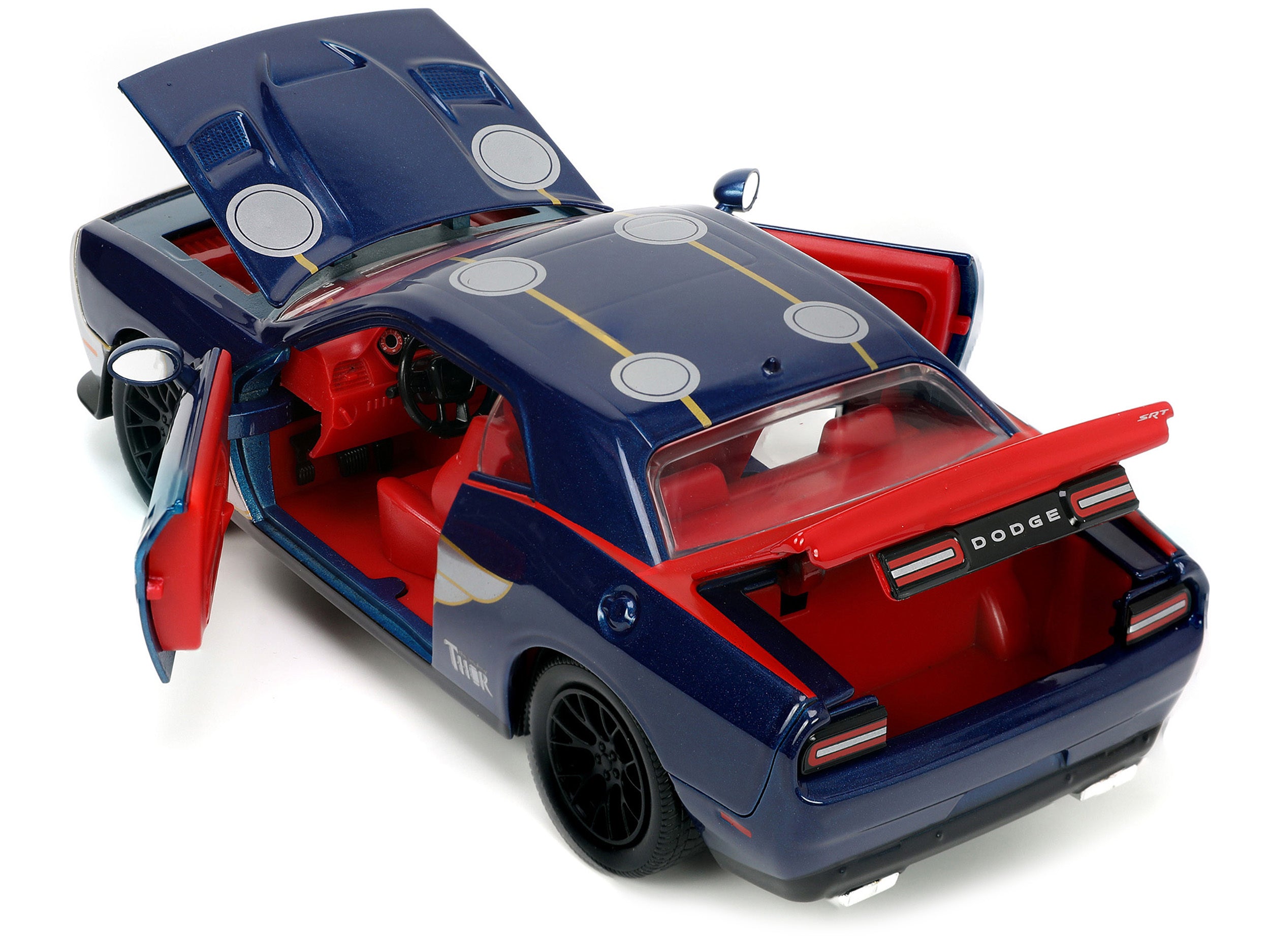 2015 Dodge Challenger SRT Hellcat Dark Blue with Graphics and Red Interior and Thor Diecast Figure "The Mighty Thor" "Marvel" Series 1/24 Diecast Model Car by Jada - Premium Movie/TV Series Models from Jada - Just $53.99! Shop now at Rapidvehicles