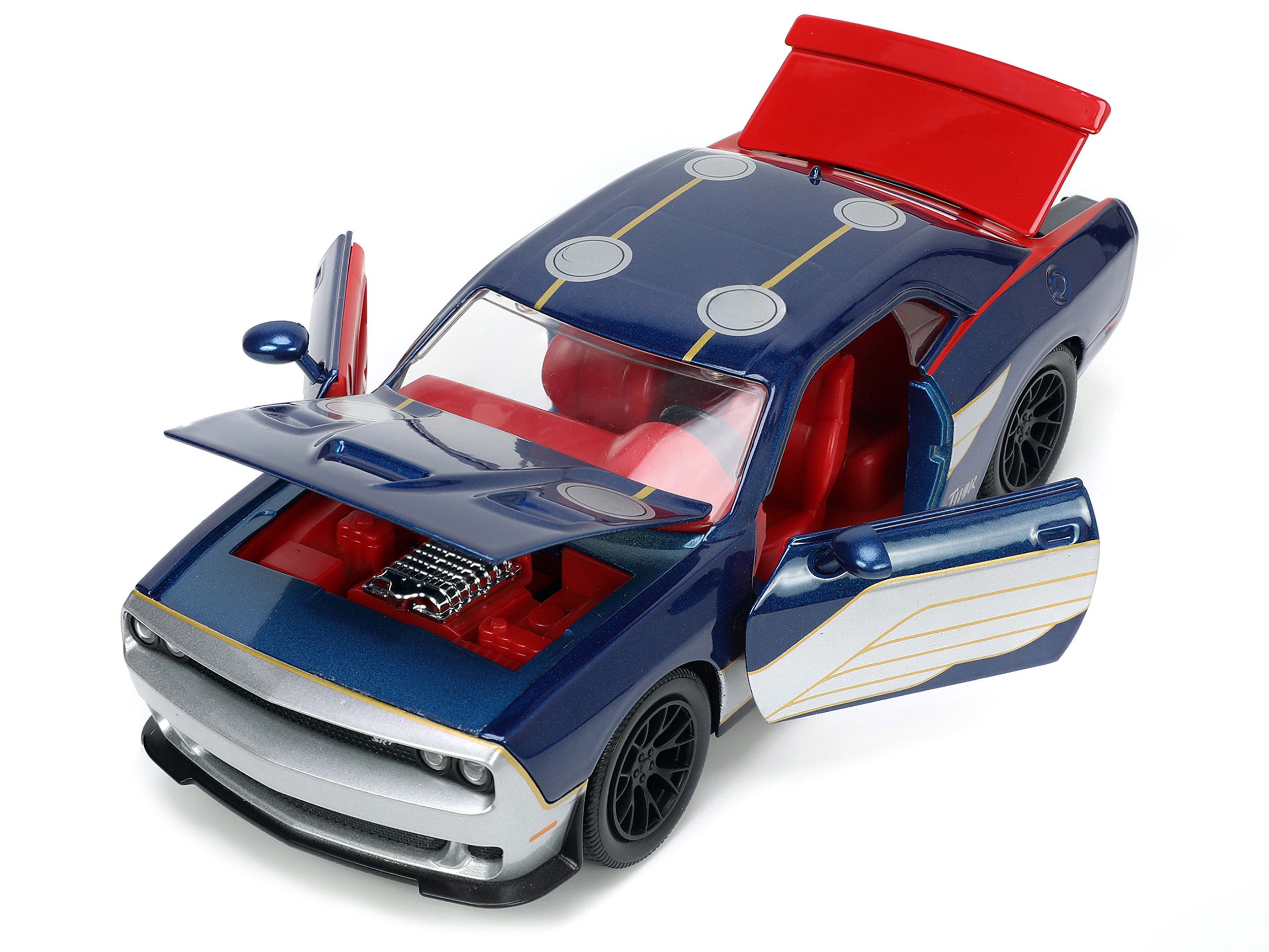 2015 Dodge Challenger SRT Hellcat Dark Blue with Graphics and Red Interior and Thor Diecast Figure "The Mighty Thor" "Marvel" Series 1/24 Diecast Model Car by Jada - Premium Movie/TV Series Models from Jada - Just $53.99! Shop now at Rapidvehicles