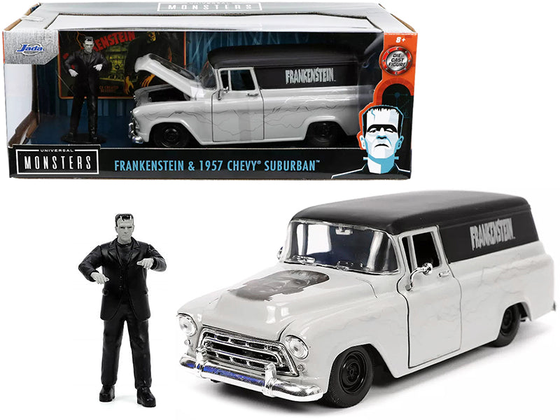 1957 Chevrolet Suburban Gray and Black with Graphics and Frankenstein Diecast Figurine "Universal Monsters" "Hollywood Rides" Series 1/24 Diecast Model Car by Jada free shipping USA