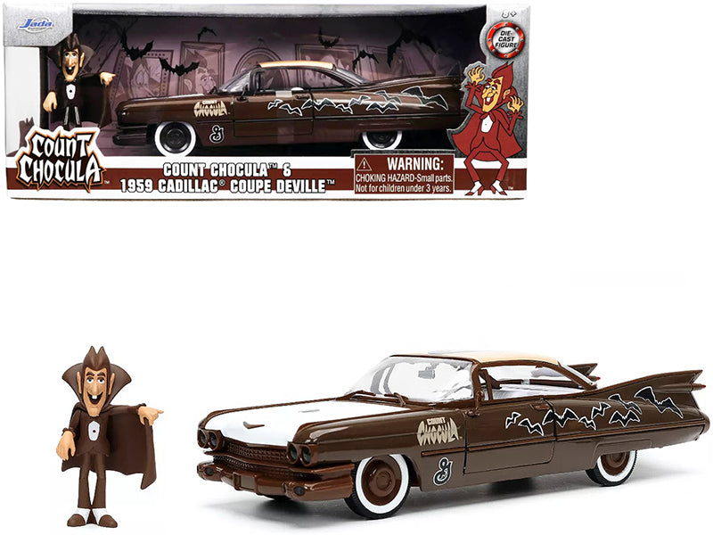 1959 Cadillac Coupe DeVille Brown and White with Graphics and Count Chocula Diecast Figurine "Hollywood Rides" Series 1/24 Diecast Model Car by Jada free shipping USA