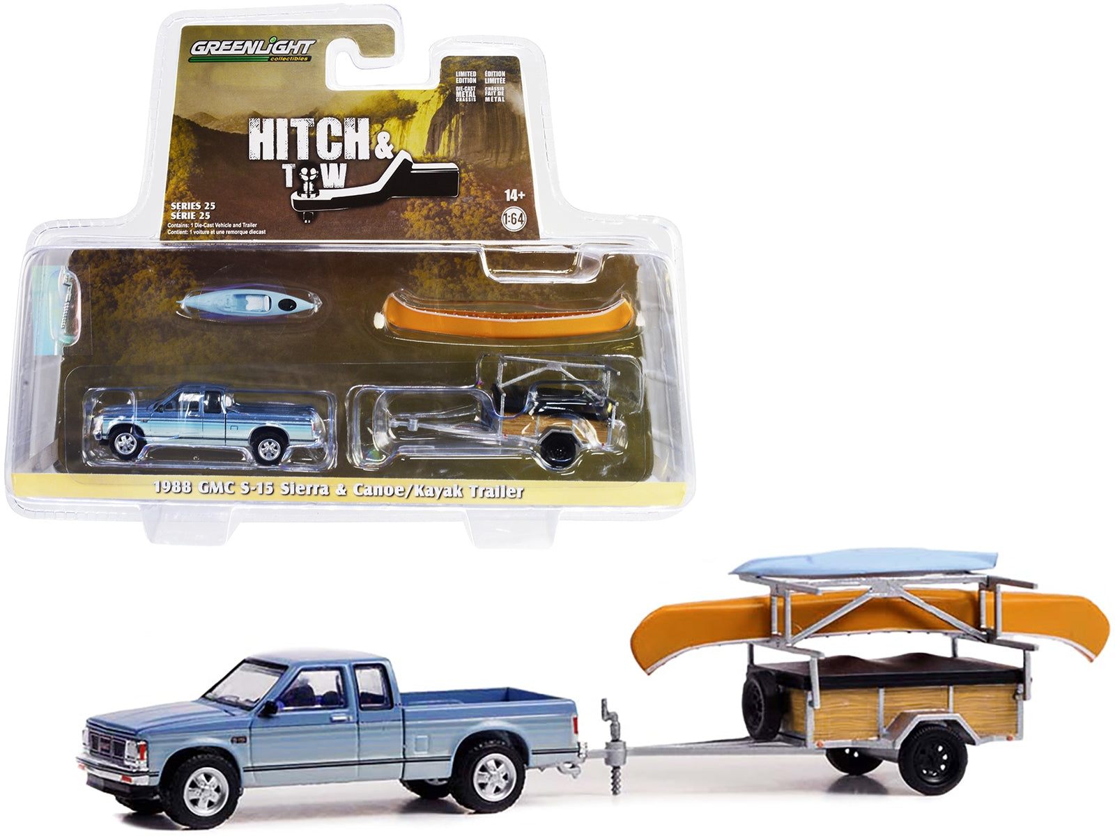 1988 GMC S-15 Sierra Pickup Truck Blue Metallic and White with Stripes and Canoe Trailer and Canoe Rack with Canoe and Kayak "Hitch & Tow" Series 25 1/64 Diecast Model Car by Greenlight - Premium 1/64 Scale Sets from Greenlight - Just $36.99! Shop now at Rapidvehicles