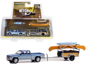 1988 GMC S-15 Sierra Pickup Truck Blue Metallic and White with Stripes and Canoe Trailer and Canoe Rack with Canoe and Kayak "Hitch & Tow" Series 25 1/64 Diecast Model Car by Greenlight - Premium 1/64 Scale Sets from Greenlight - Just $36.99! Shop now at Rapidvehicles