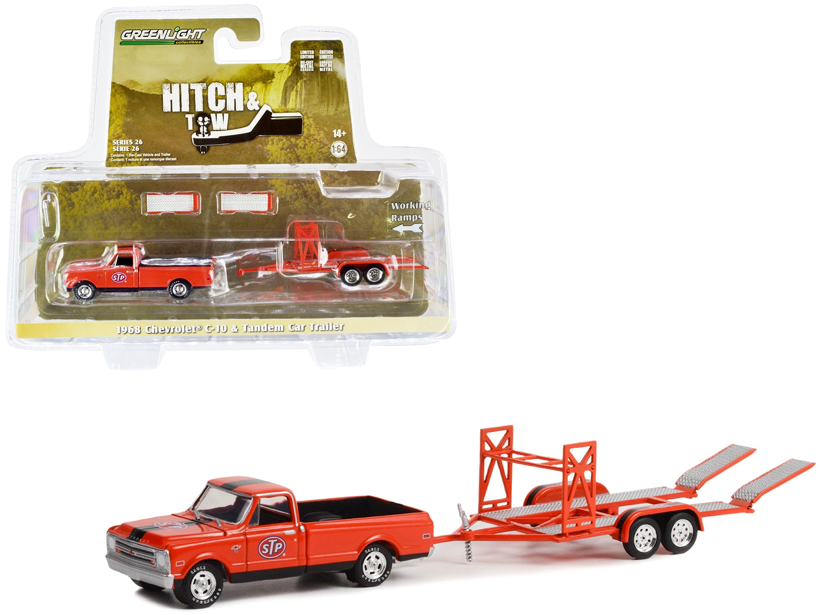 1968 Chevrolet C-10 Pickup Truck Orange with Black Stripes with Black Bed Cover and Tandem Car Trailer "STP" "Hitch & Tow" Series 26 1/64 Diecast Model Car by Greenlight - Premium 1/64 Scale Sets from Greenlight - Just $36.99! Shop now at Rapidvehicles