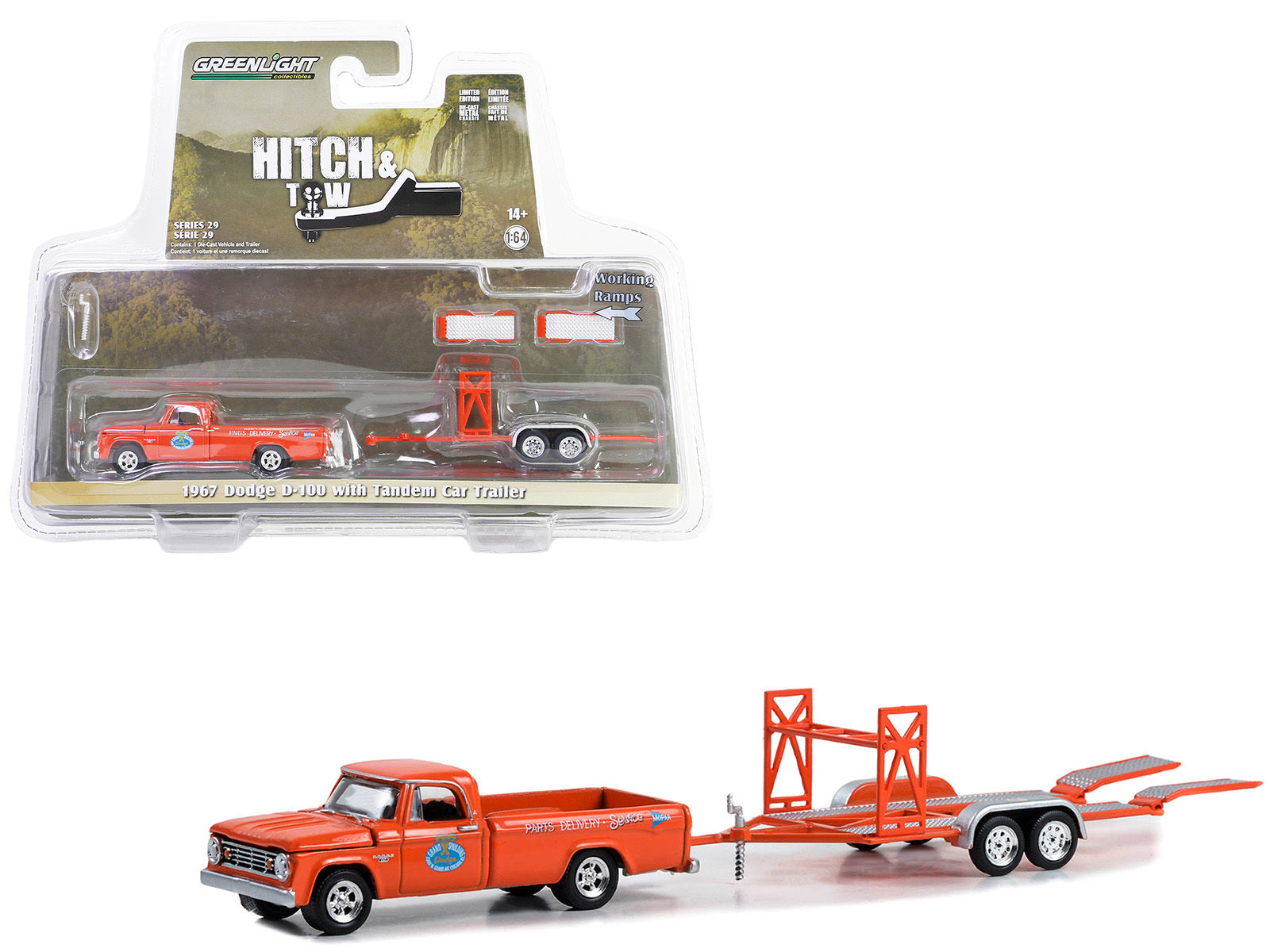 1967 Dodge D-100 Pickup Truck Orange and Tandem Car Trailer "Mr. Norm's Grand Spaulding Dodge" "Hitch & Tow" Series 29 1/64 Diecast Model Car by Greenlight - Premium 1/64 Scale Sets from Greenlight - Just $35.99! Shop now at Rapidvehicles