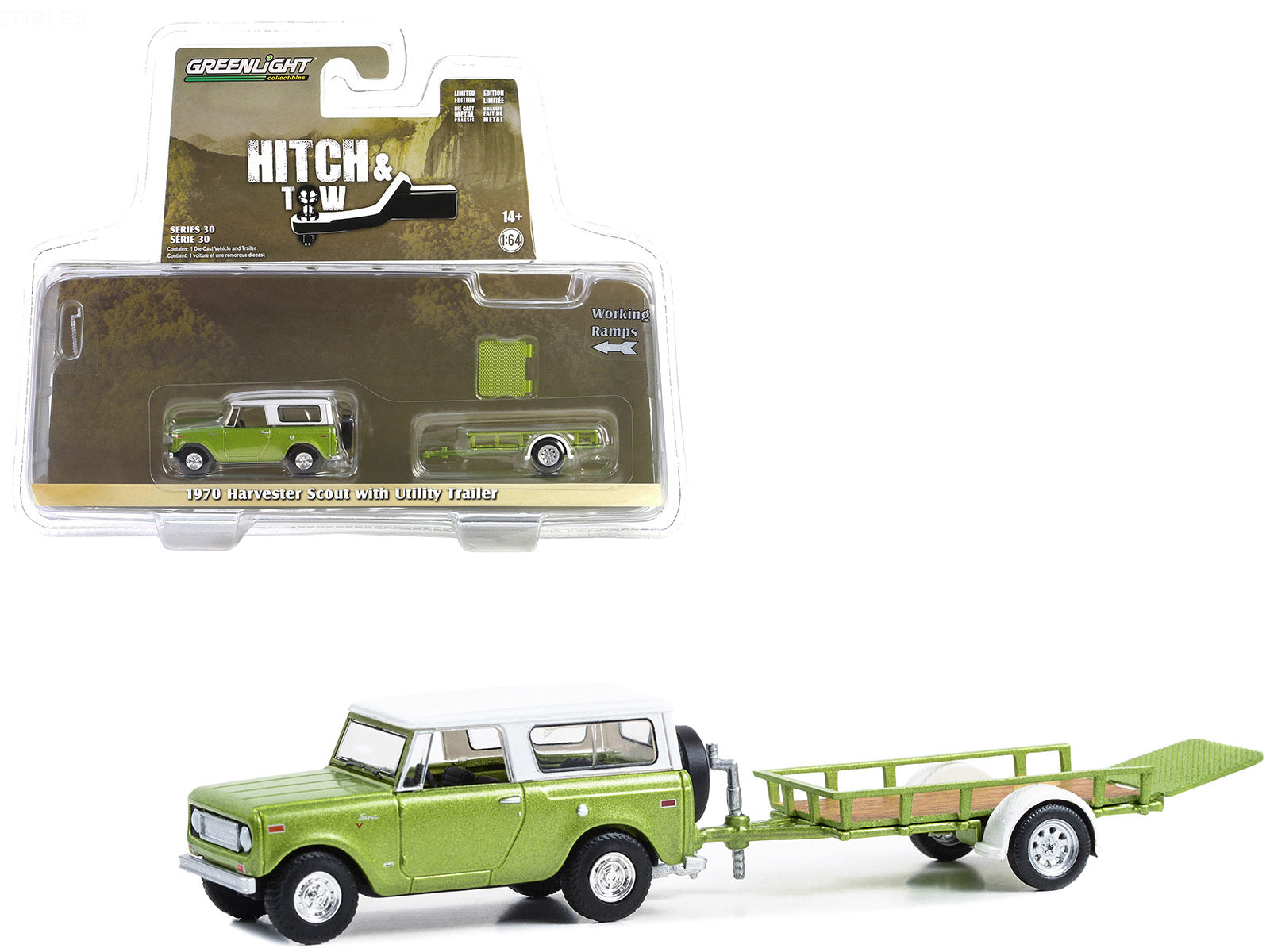 1970 Harvester Scout Lime Green Metallic with Alpine White Top and Utility Trailer "Hitch & Tow" Series 30 1/64 Diecast Model Car by Greenlight - Premium 1/64 Scale Sets from Greenlight - Just $41.03! Shop now at Rapidvehicles