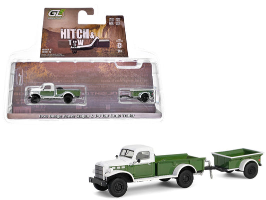 1950 Dodge Power Wagon Pickup Truck Green and White with 1/4 Ton Cargo Trailer Green "Hitch & Tow" Series 32 1/64 Diecast Model Cars by Greenlight