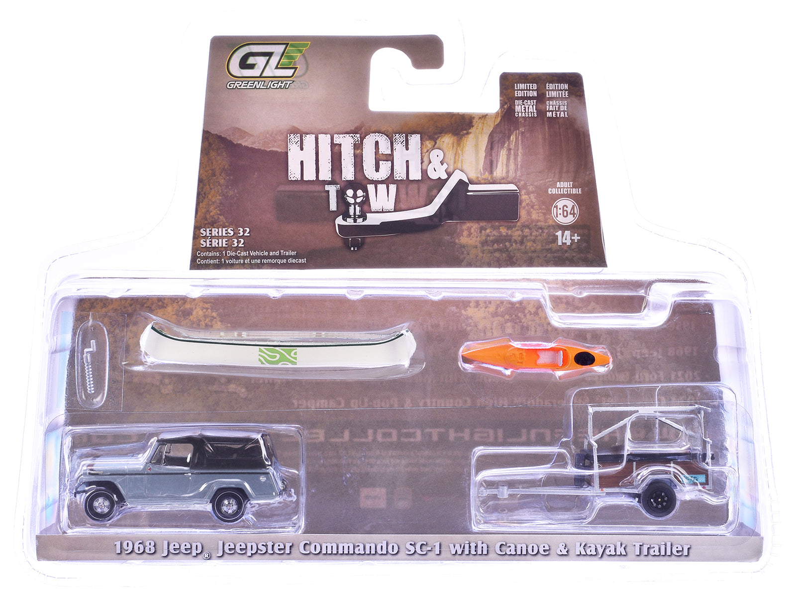 1968 Jeep Jeepster Commando SC-1 Gray with Black Stripes and Top with Canoe Trailer Canoe Rack Canoe and Kayak "Hitch & Tow" Series 32 1/64 Diecast Model Cars by Greenlight free shipping USA