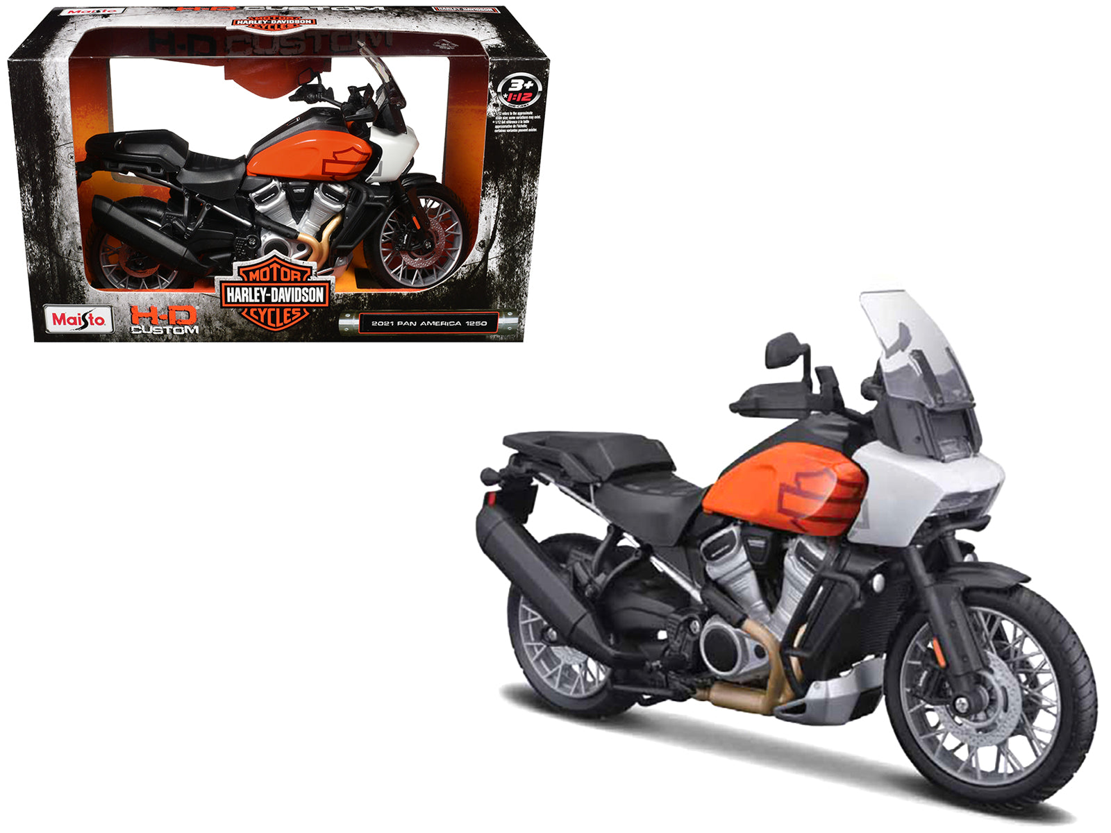 2021 Harley Davidson Pan America 1250 Motorcycle Orange and Black "H-D Custom" 1/12 Diecast Model by Maisto free shipping USA