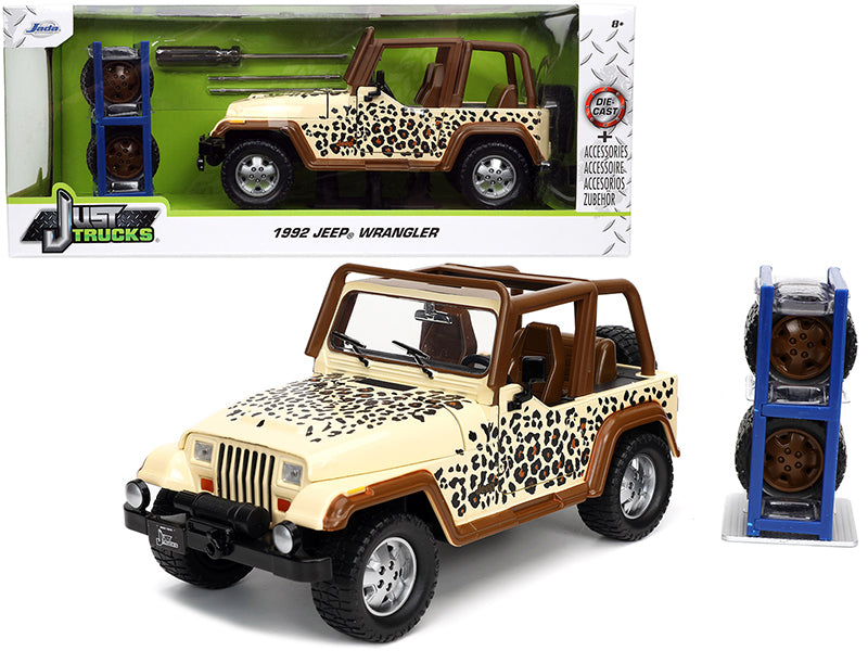 1992 Jeep Wrangler Tan and Brown with Graphics and Extra Wheels "Just Trucks" Series 1/24 Diecast Model Car by Jada free shipping USA