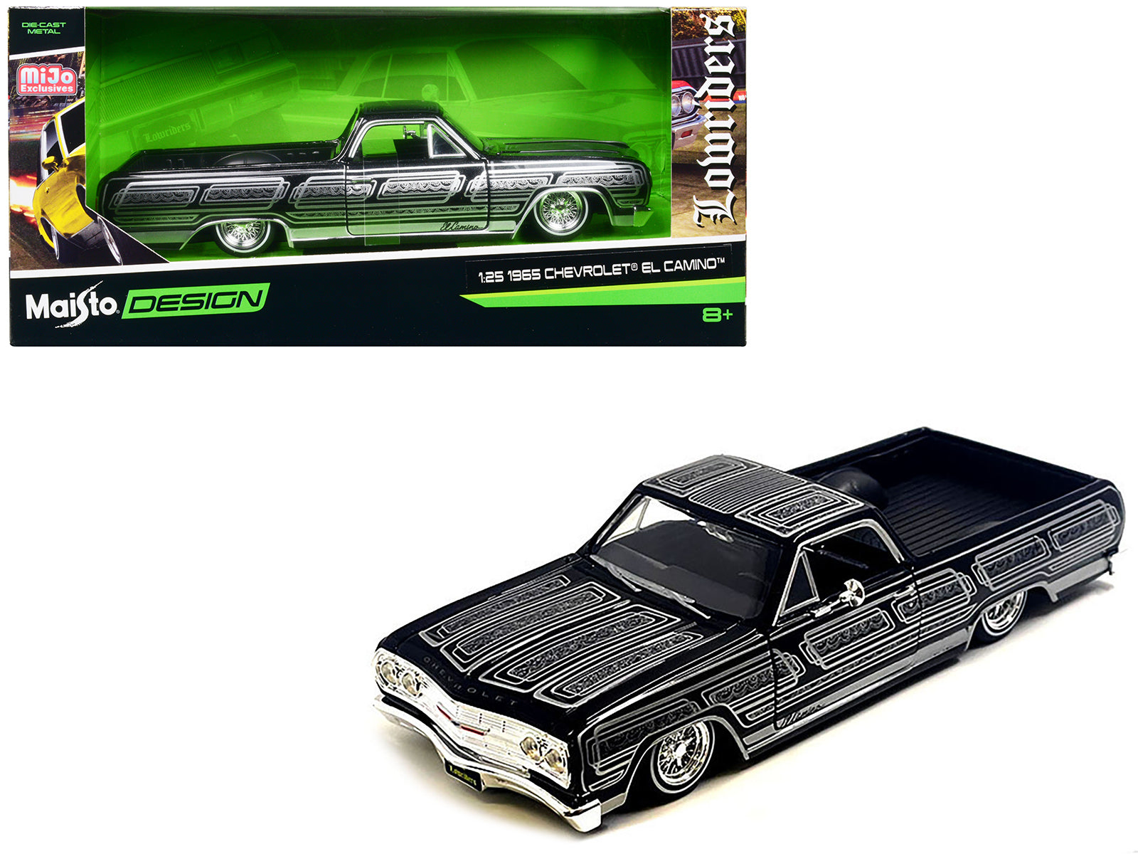 1965 Chevrolet El Camino Lowrider Black Metallic with Silver Graphics "Lowriders" Series 1/25 Diecast Model Car by Maisto free shipping USA