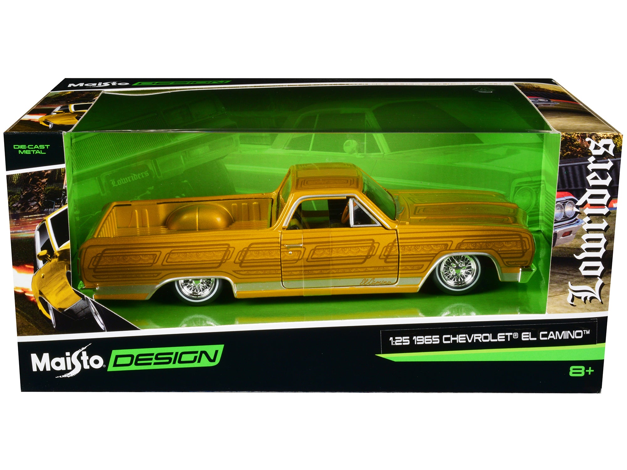 1965 Chevrolet El Camino Lowrider Gold Metallic with Graphics "Lowriders" Series 1/25 Diecast Model Car by Maisto free shipping USA