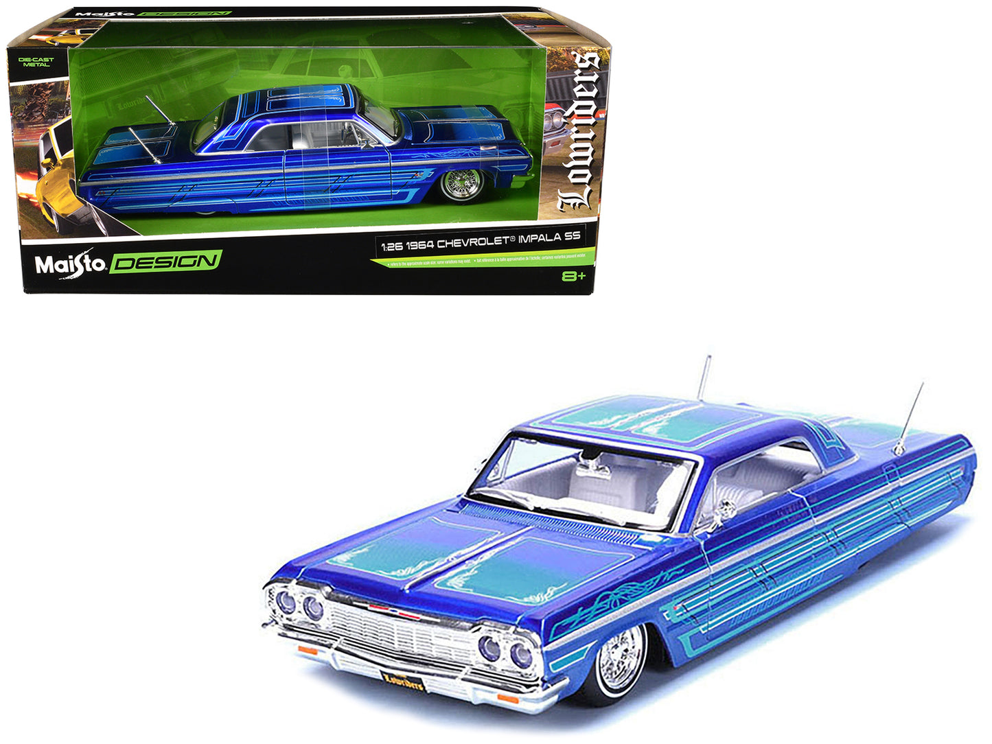 1964 Chevrolet Impala SS Lowrider Candy Blue with Graphics and White Interior "Lowriders" "Maisto Design" Series 1/26 Diecast Model Car by Maisto