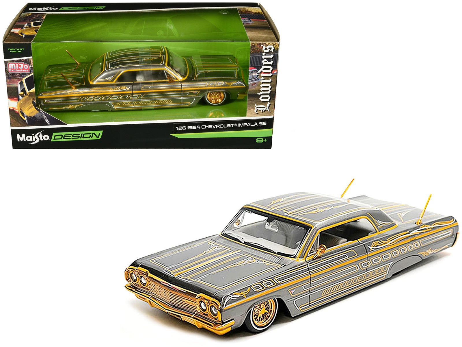 1964 Chevrolet Impala SS Lowrider Gray Metallic with Gold Graphics "Lowriders" "Maisto Design" Series 1/26 Diecast Model Car by Maisto - Premium Chevrolet Models from Maisto - Just $46.99! Shop now at Rapidvehicles