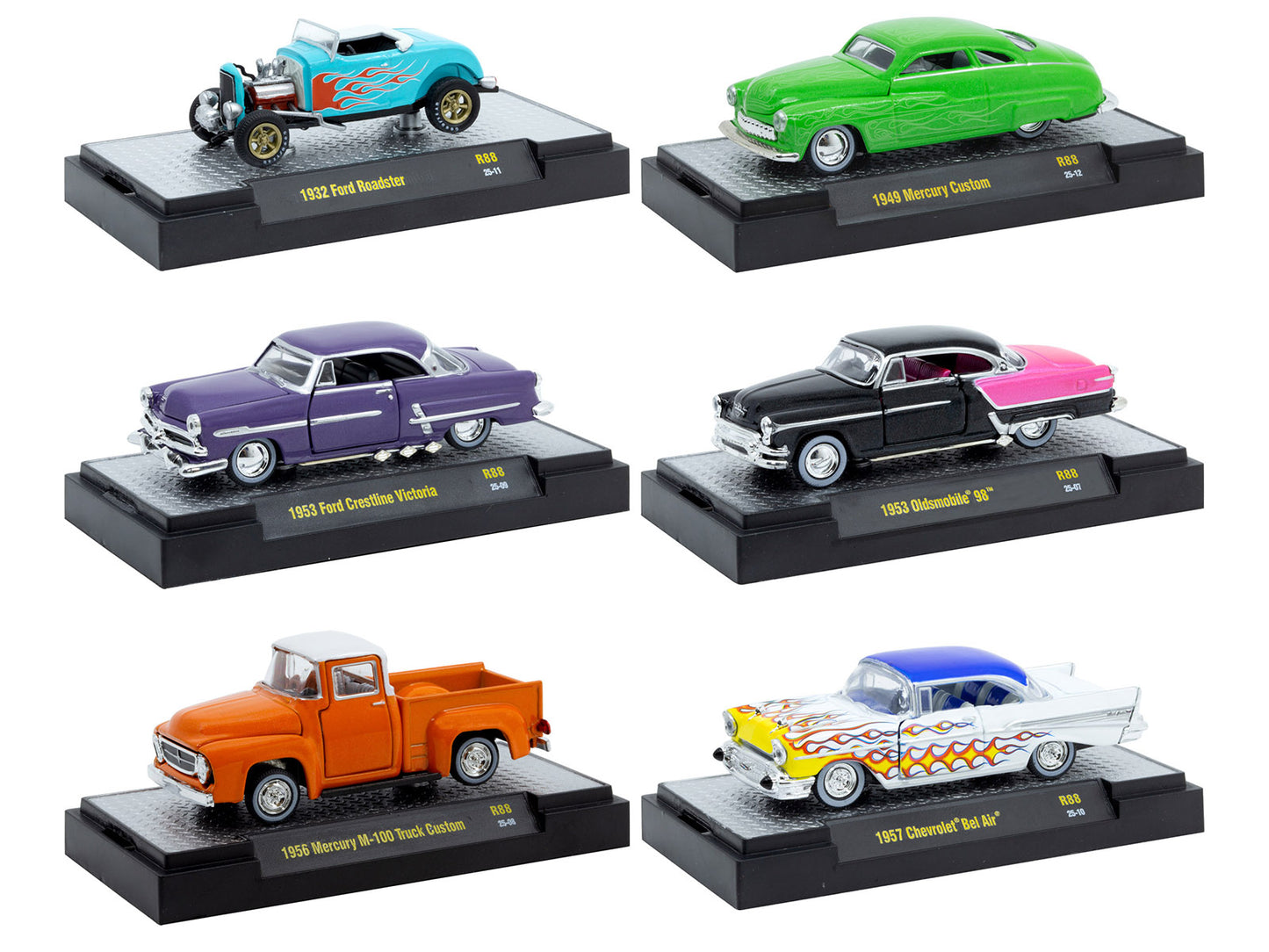 "Auto Meets" Set of 6 Cars IN DISPLAY CASES Release 88 Limited Edition 1/64 Diecast Model Cars by M2 Machines