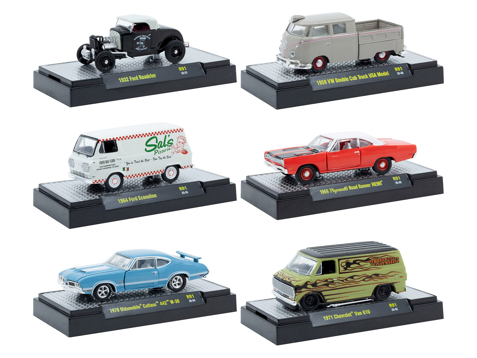 "Auto Meets" Set of 6 Cars IN DISPLAY CASES Release 91 Limited Edition 1/64 Diecast Model Cars by M2 Machines free shipping USA