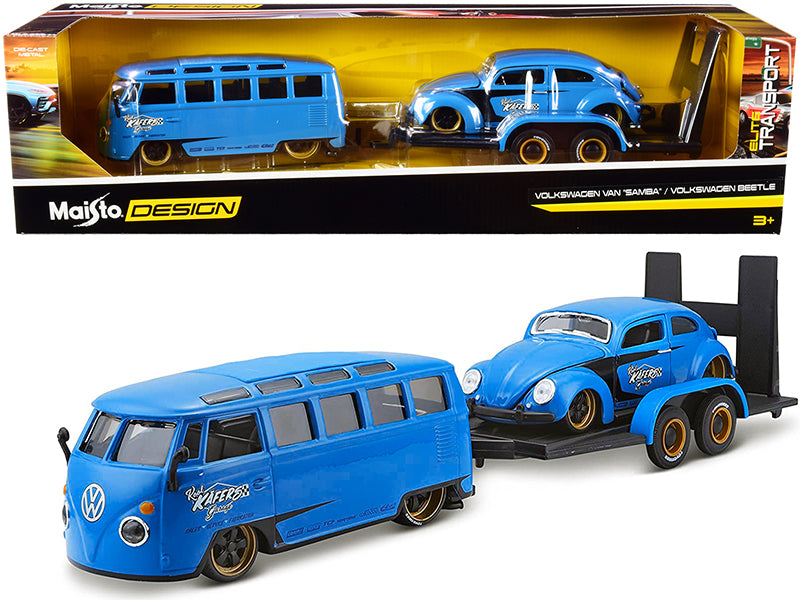 Volkswagen Van Samba with Volkswagen Beetle and Flatbed Trailer Blue "Kool Kafers" Set of 3 pieces "Elite Transport" Series 1/24 Diecast Model Cars by Maisto - Premium  from Maisto - Just $78.99! Shop now at Rapidvehicles