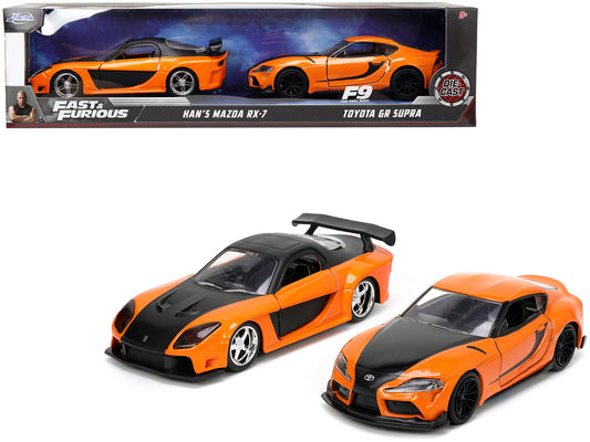 Han's Mazda RX-7 Orange Metallic and Matt Black and Toyota GR Supra Orange Metallic with Black Hood Set of 2 pieces "Fast & Furious" Series 1/32 Diecast Model Cars by Jada free shipping USA