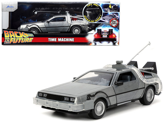 DeLorean Brushed Metal Time Machine with Lights "Back to the Future" (1985) Movie "Hollywood Rides" Series 1/24 Diecast Model Car by Jada free shipping USA