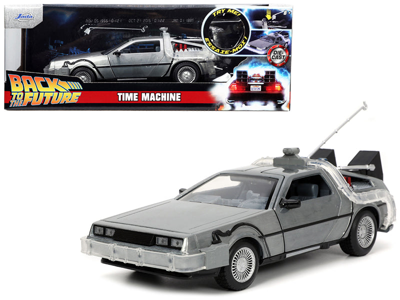 DeLorean Brushed Metal Time Machine with Lights "Back to the Future" (1985) Movie "Hollywood Rides" Series 1/24 Diecast Model Car by Jada free shipping USA