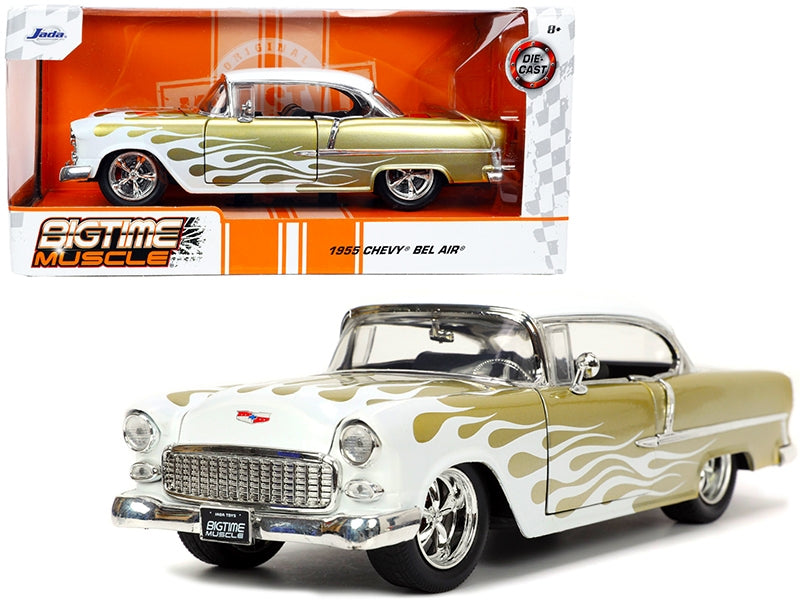 1955 Chevrolet Bel Air White and Gold with Flames "Bigtime - Premium Chevrolet Models from Jada - Just $62.09! Shop now at Rapidvehicles