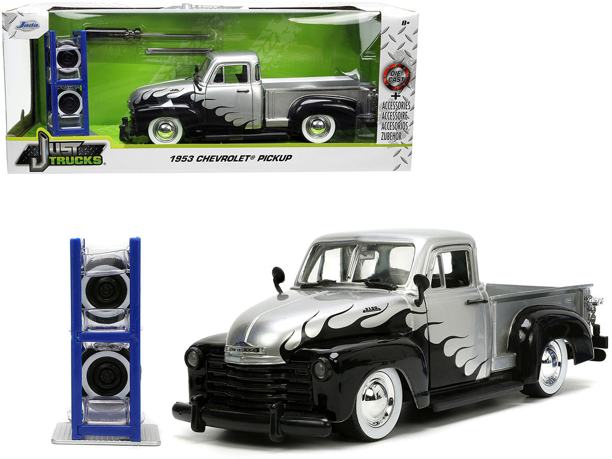 1953 Chevrolet 3100 Pickup Truck Silver Metallic with Black Flames with Extra Wheels "Just Trucks" Series 1/24 Diecast Model Car by Jada free shipping USA
