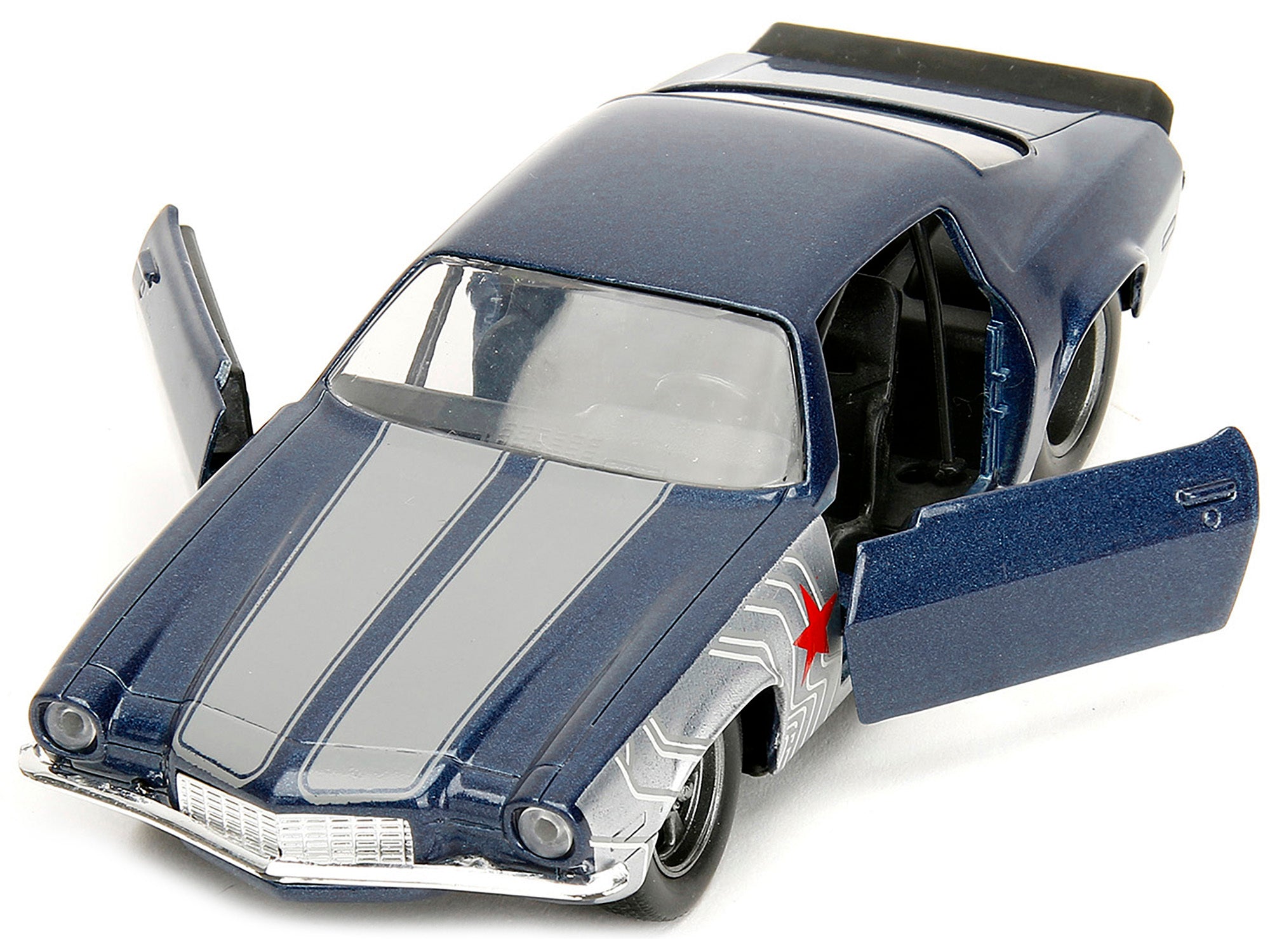 1973 Chevrolet Camaro Dark Blue Metallic with Gray Stripes and Winter Soldier Diecast Figure "Marvel Avengers" "Hollywood Rides" Series 1/32 Diecast Model Car by Jada - Premium Chevrolet Models from Jada - Just $29.91! Shop now at Rapidvehicles