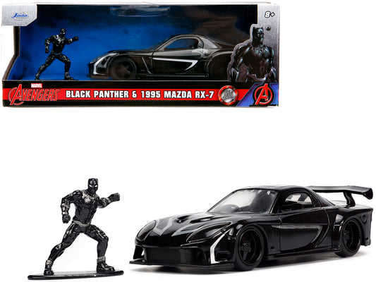 1995 Mazda RX-7 RHD (Right Hand Drive) Black and Black Panther Diecast Figure "The Avengers" "Hollywood Rides" Series 1/32 Diecast Model Car by Jada free shipping USA