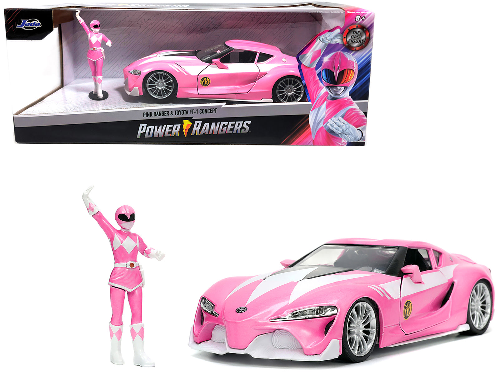 Toyota FT-1 Concept Pink Metallic and Pink Ranger Diecast Figurine "Power Rangers" "Hollywood Rides" Series 1/24 Diecast Model Car by Jada free shipping USA