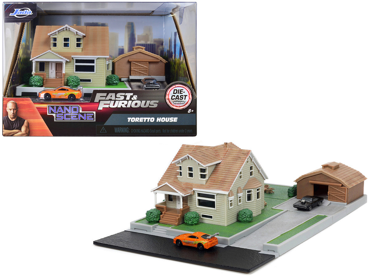 Toretto House Diorama with Dodge Charger Black and Toyota Supra Orange with Graphics "Fast and Furious" "Nano Scene" Series Models by Jada free shipping USA