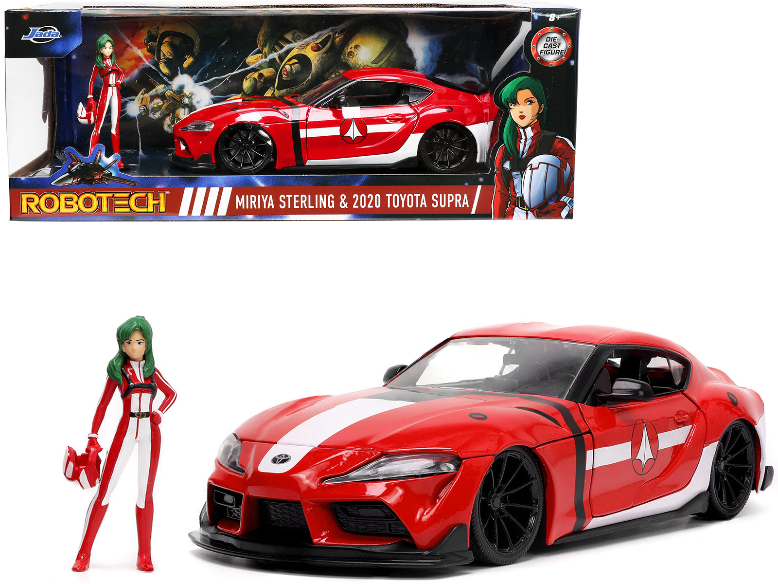 2020 Toyota Supra Red with Graphics and Miriya Sterling Diecast Figurine "Robotech" "Hollywood Rides" Series 1/24 Diecast Model Car by Jada free shipping USA