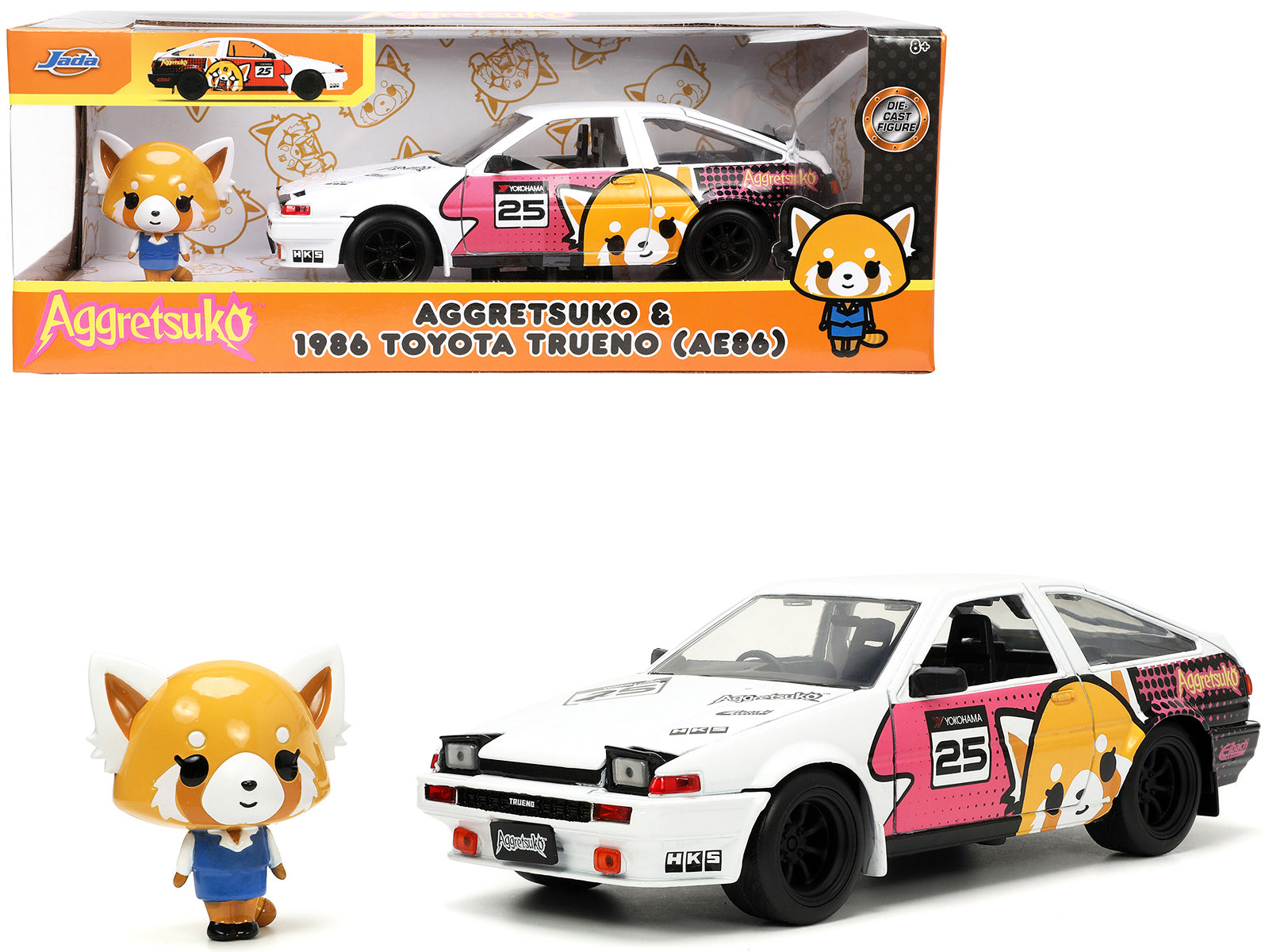 1986 Toyota Trueno (AE86) RHD (Right Hand Drive) #25 White with Graphics and Aggretsuko Diecast Figure "Aggretsuko" "Anime Hollywood Rides" Series 1/24 Diecast Model Car by Jada free shipping USA