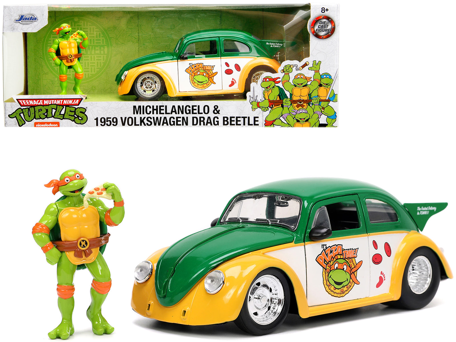 1959 Volkswagen Drag Beetle Green and Yellow and Michelangelo Diecast Figure "Teenage Mutant Ninja Turtles" "Hollywood Rides" Series 1/24 Diecast Model Car by Jada free shipping USA