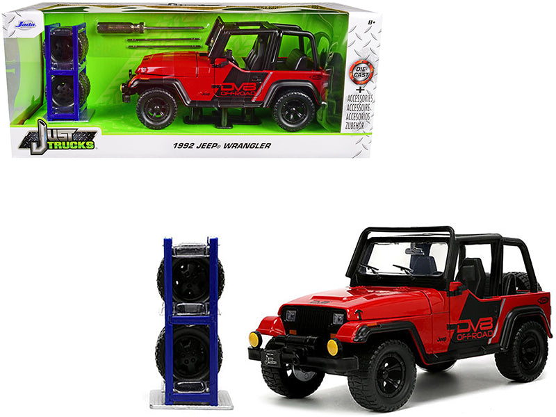 1992 Jeep Wrangler DV8 Off-Road Red with Matt Black Stripes with Extra Wheels "Just Trucks" Series 1/24 Diecast Model Car by Jada free shipping USA