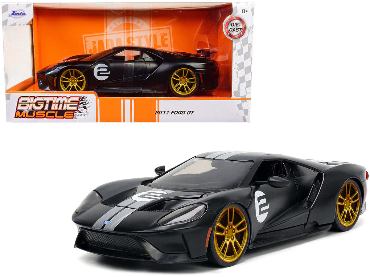 2017 Ford GT #2 Matt Black with Silver Stripes and Gold Wheels "Bigtime Muscle" Series 1/24 Diecast Model Car by Jada free shipping USA
