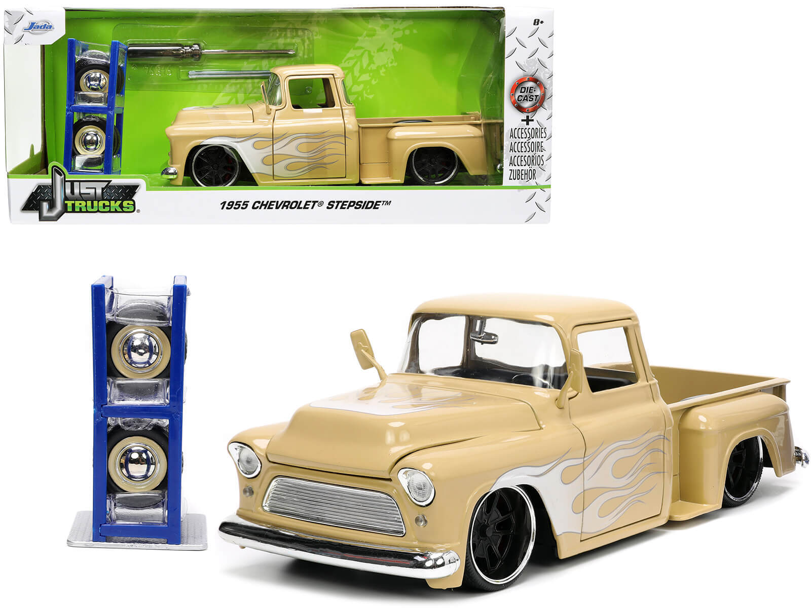 1955 Chevrolet Stepside Pickup Truck Tan with White and Silver Flames with Extra Wheels "Just Trucks" Series 1/24 Diecast Model Car by Jada - Premium Pickup Trucks Models from Jada - Just $54.99! Shop now at Rapidvehicles