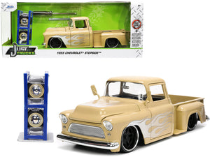 1955 Chevrolet Stepside Pickup Truck Tan with White and Silver Flames with Extra Wheels "Just Trucks" Series 1/24 Diecast Model Car by Jada - Premium Pickup Trucks Models from Jada - Just $55.09! Shop now at Rapidvehicles