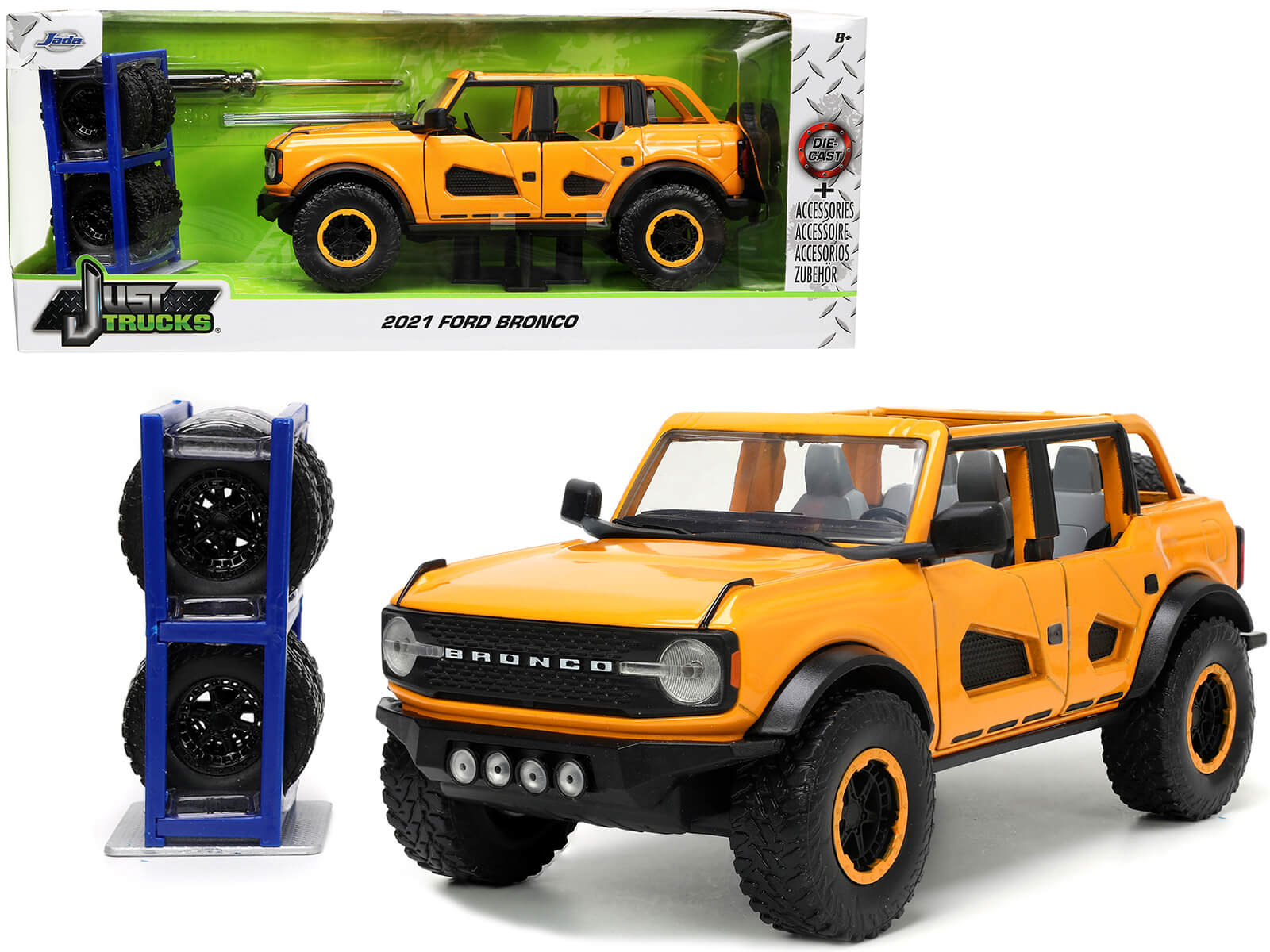 2021 Ford Bronco Orange Metallic with Extra Wheels "Just Trucks" Series 1/24 Diecast Model Car by Jada free shipping USA