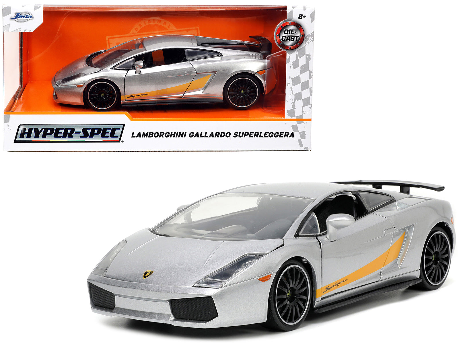 Lamborghini Gallardo Superleggera Silver Metallic with Yellow Stripes "Hyper-Spec" Series 1/24 Diecast Model Car by Jada free shipping USA