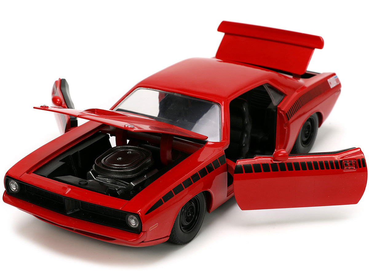 1973 Plymouth Barracuda Red with Black Stripes "Bigtime Muscle" - Premium Plymouth Models from Jada - Just $56.99! Shop now at Rapidvehicles