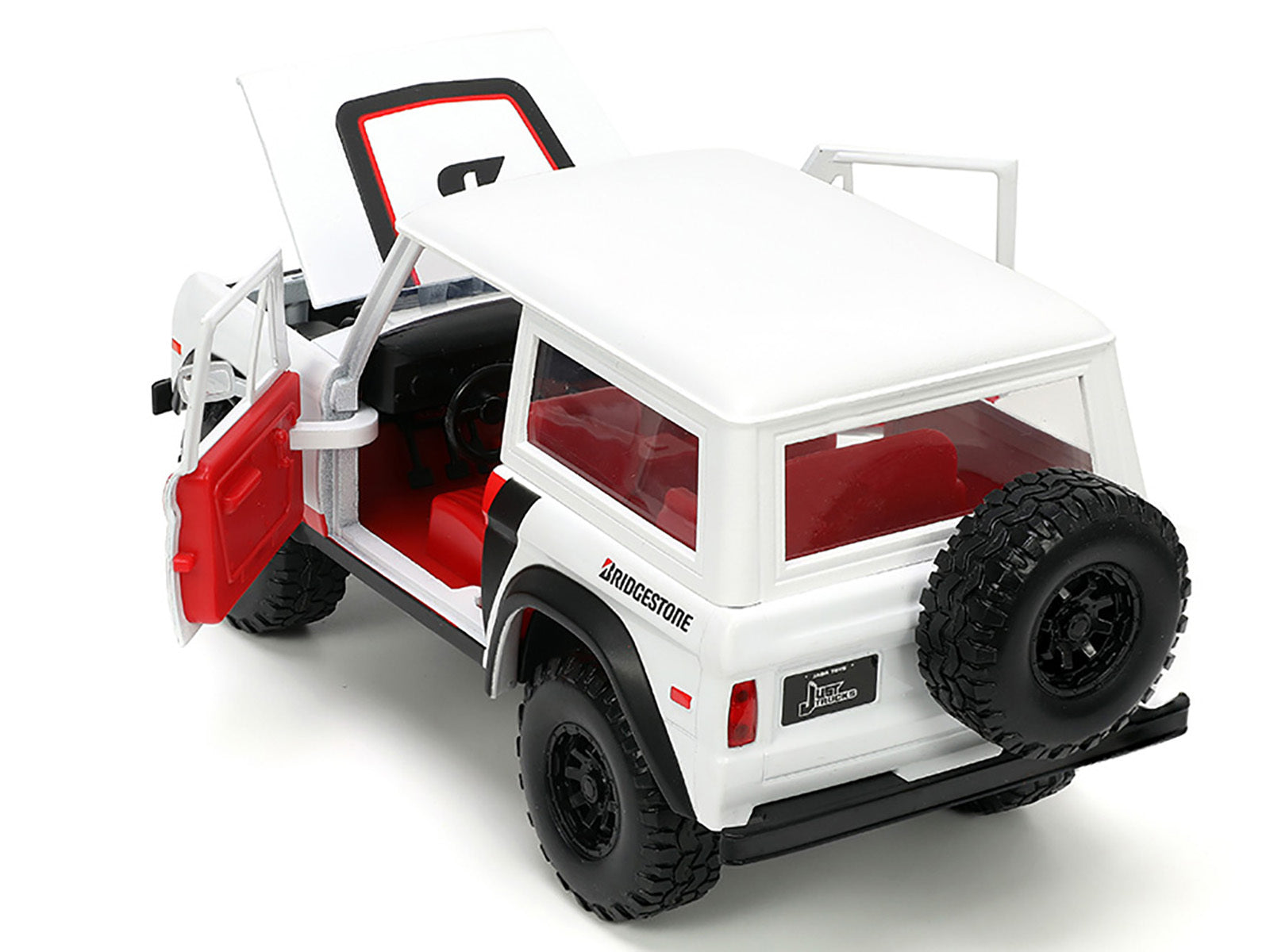 1973 Ford Bronco #008 White with Red and Black Stripes and Red - Premium Ford Models from Jada - Just $61.19! Shop now at Rapidvehicles