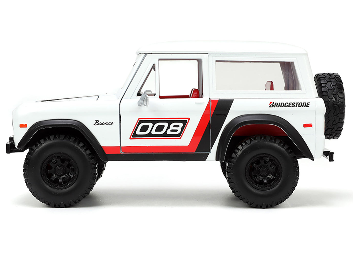 1973 Ford Bronco #008 White with Red and Black Stripes and Red - Premium Ford Models from Jada - Just $61.19! Shop now at Rapidvehicles