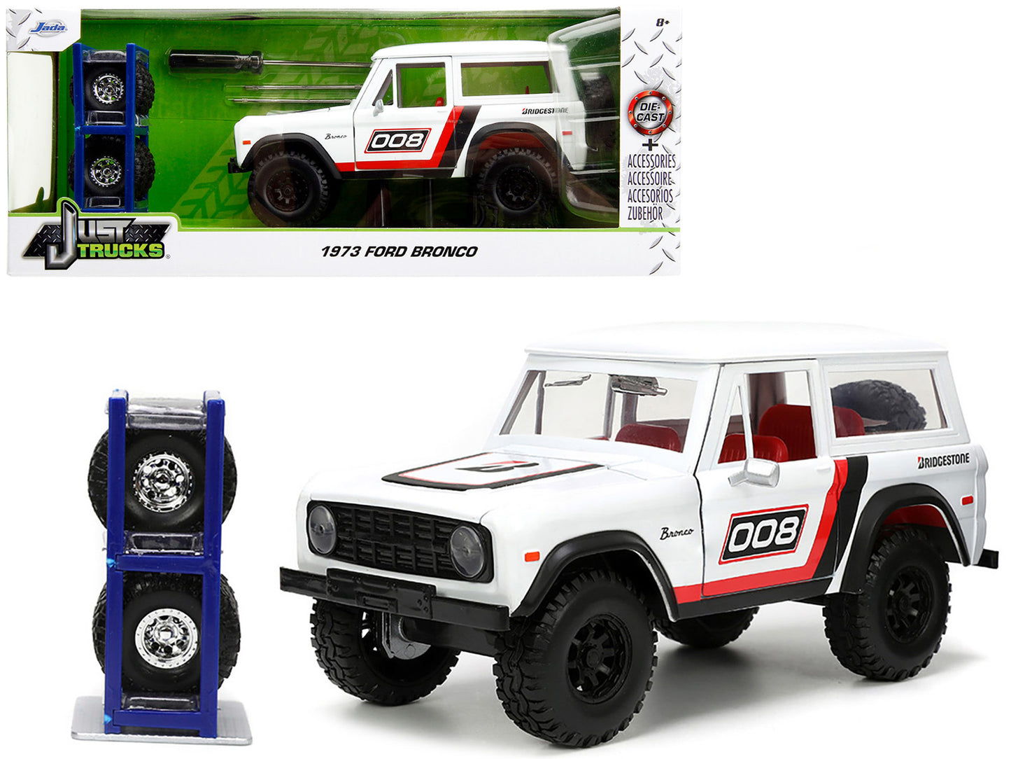 1973 Ford Bronco #008 White with Red and Black Stripes and Red - Premium Ford Models from Jada - Just $61.19! Shop now at Rapidvehicles