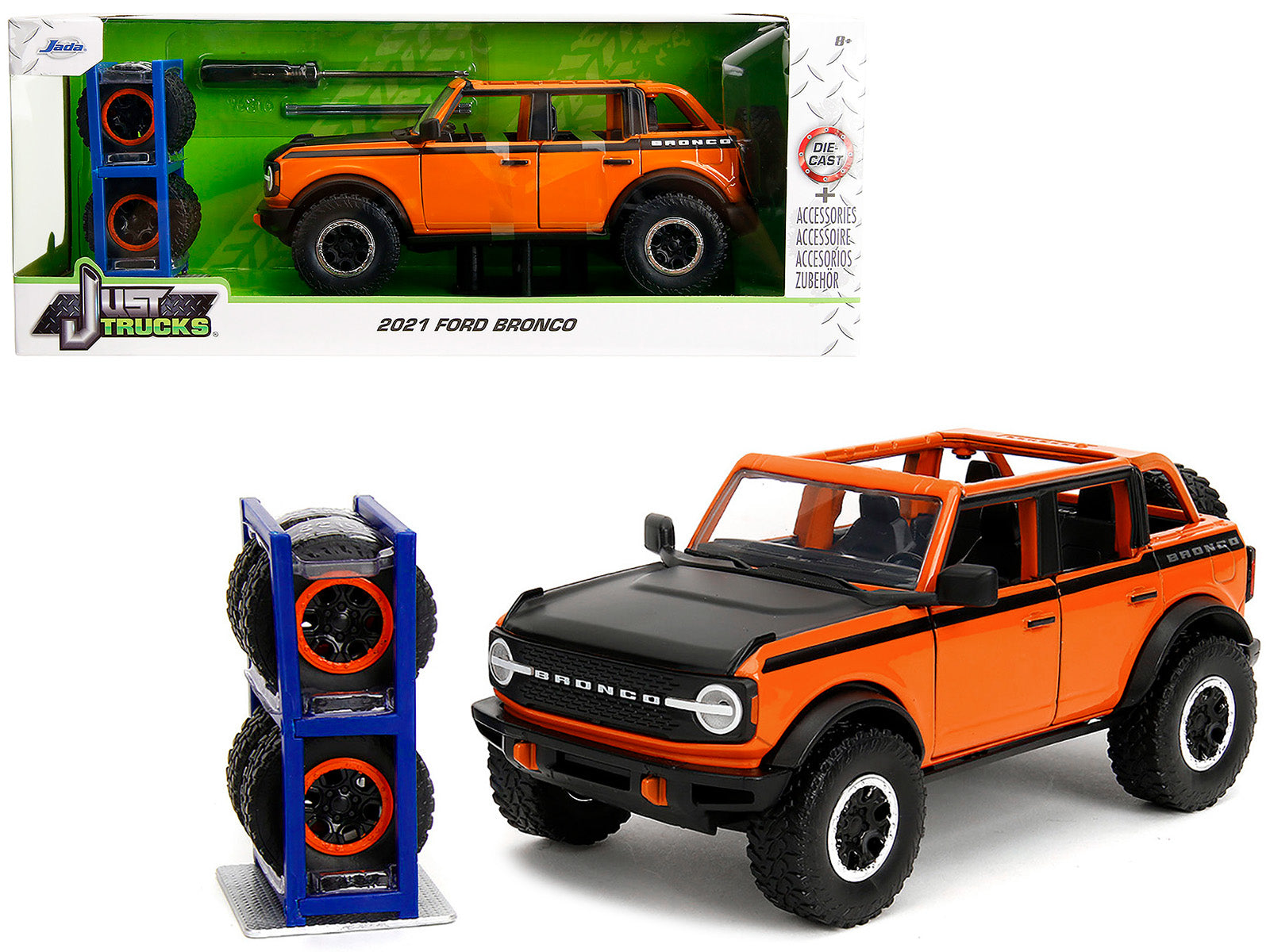 2021 Ford Bronco Open-Top Orange with Black Stripes and Hood with Extra Wheels "Just Trucks" Series 1/24 Diecast Model Car by Jada free shipping USA