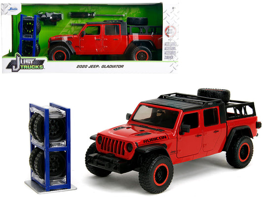 2020 Jeep Gladiator Rubicon Pickup Truck Red with Black Top and Extra Wheels "Just Trucks" Series 1/24 Diecast Model Car by Jada free shipping USA