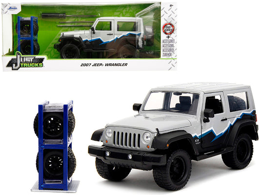 2007 Jeep Wrangler Gray and Black with Blue and White Stripes with Extra Wheels "Just Trucks" Series 1/24 Diecast Model Car by Jada free shipping USA