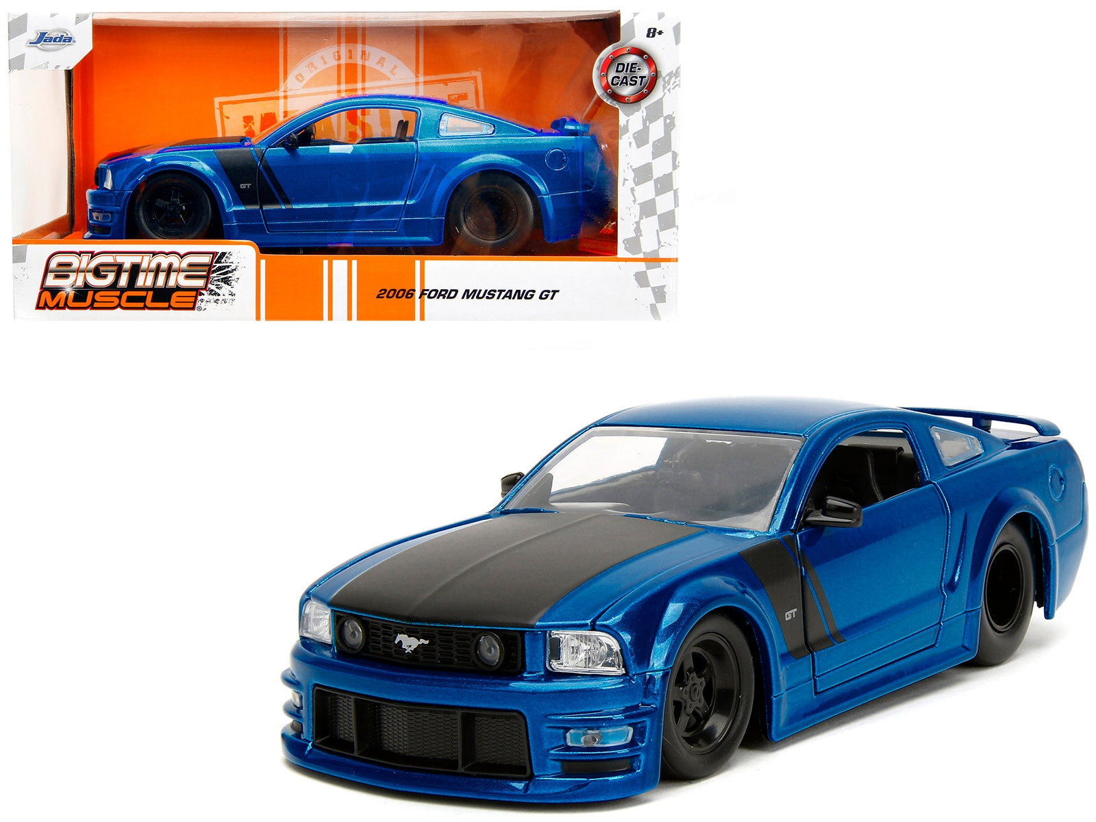 2006 Ford Mustang GT Blue Metallic with Matt Black Hood and Stripes "Bigtime Muscle" Series 1/24 Diecast Model Car by Jada