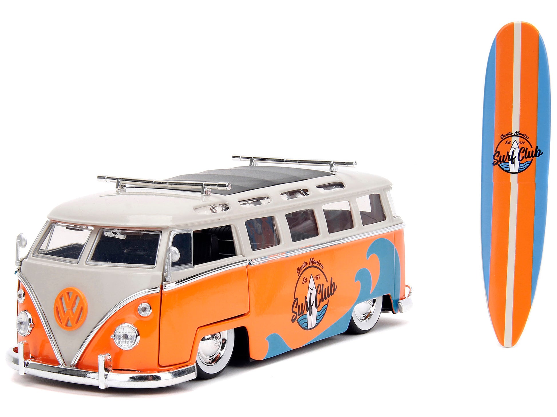 1962 Volkswagen Bus "Santa Monica Surf Club" Orange and White - Premium Volkswagen Models from Jada - Just $59.39! Shop now at Rapidvehicles